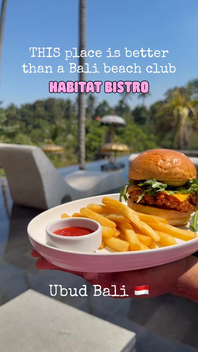 A classic burger served with golden fries and ketchup on a pink plate overlooking an infinity pool and lush jungle canopy in Ubud.